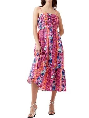 French Connection Carrie Era Floral Midi Sundress Pink Purple Ruched Dress